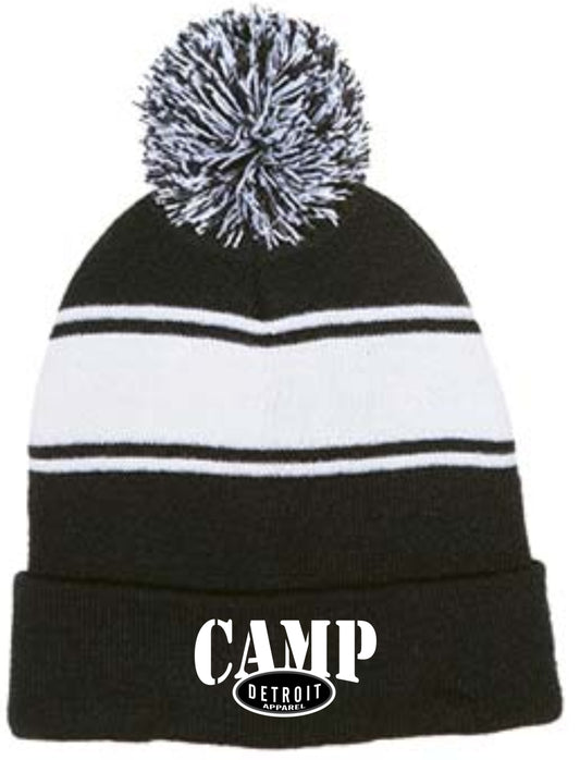 Camp Detroit Pom Knit Beanie Contrast White Strip