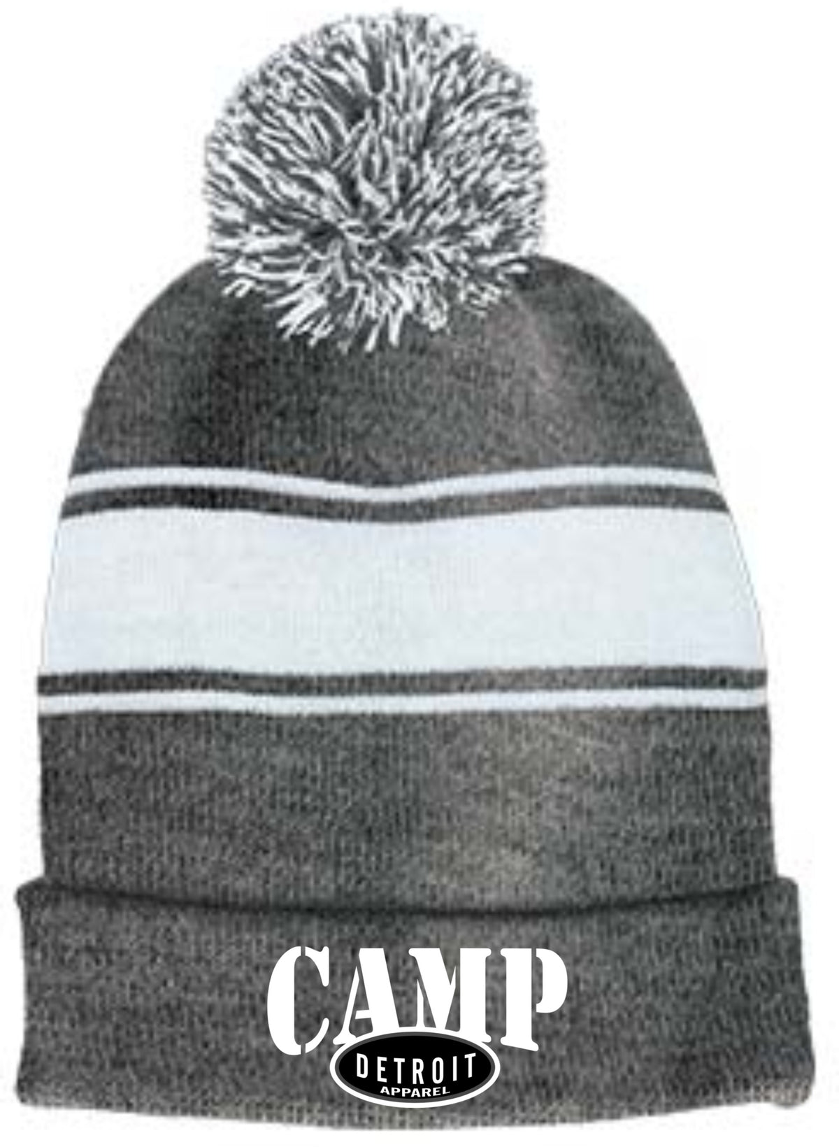 Camp Detroit Pom Knit Beanie Contrast White Strip