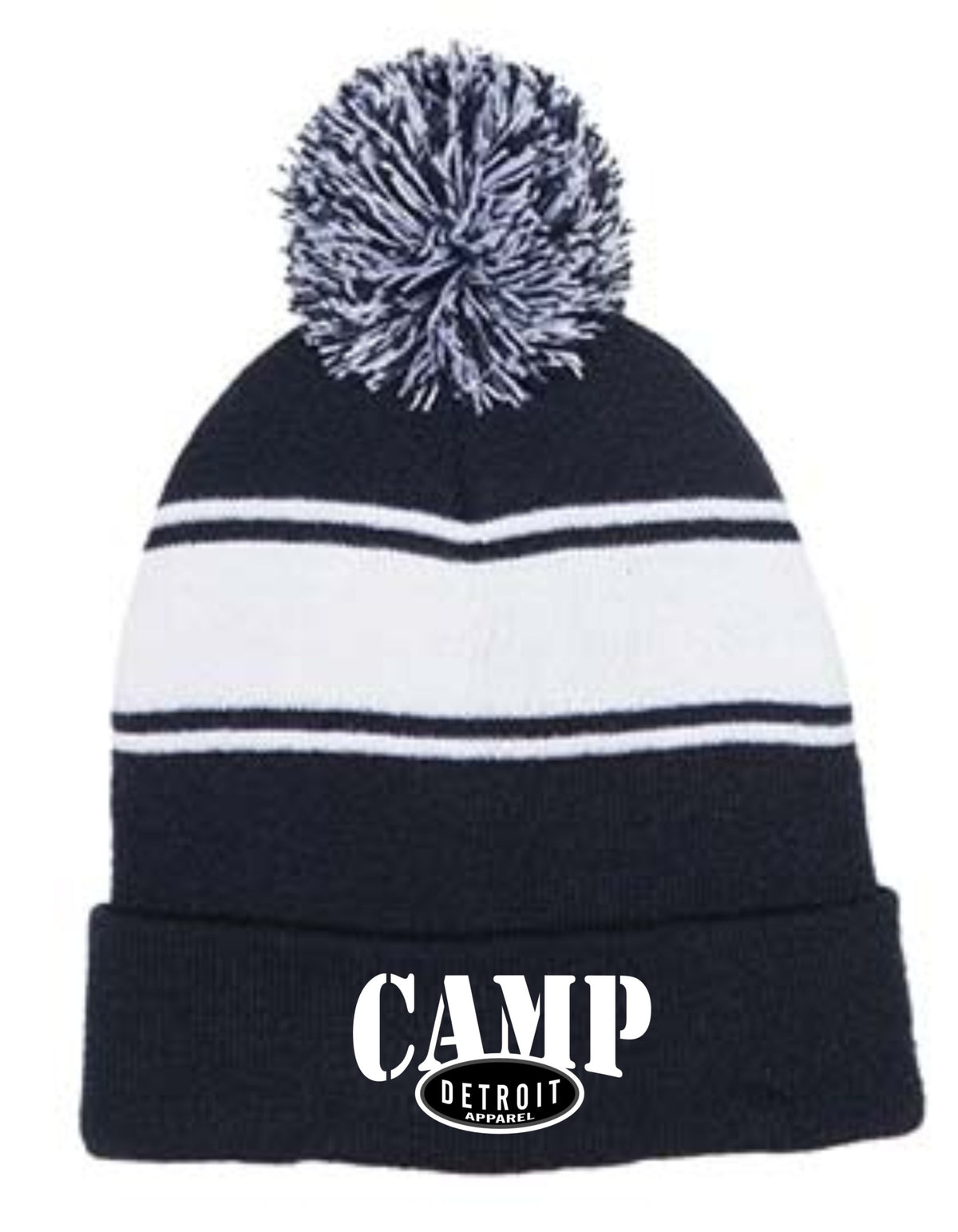 Camp Detroit Pom Knit Beanie Contrast White Strip